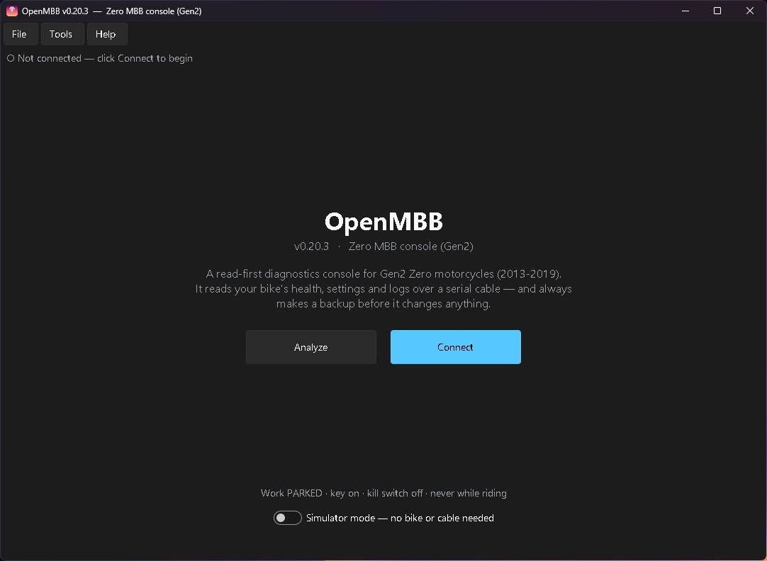 OpenMBB welcome screen — a read-first diagnostics console for Gen2 Zero motorcycles