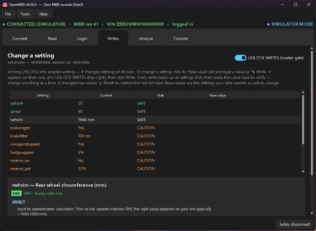 OpenMBB writes tab — whitelisted settings with risk labels behind a master unlock
