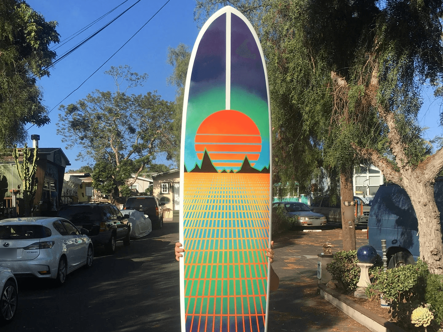 longboard surfboard painted with 80s vapor wave