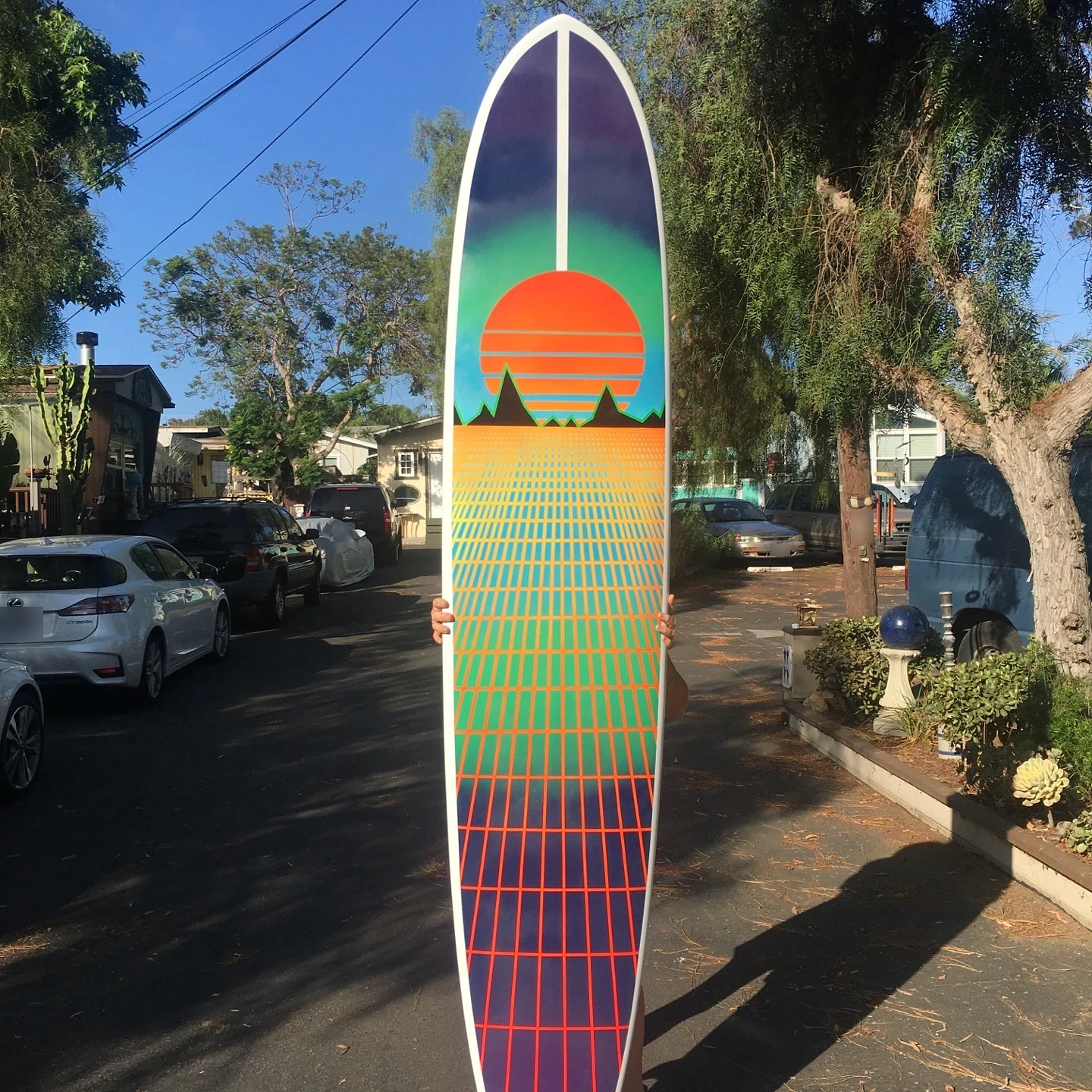 longboard surfboard painted with 80s vapor wave