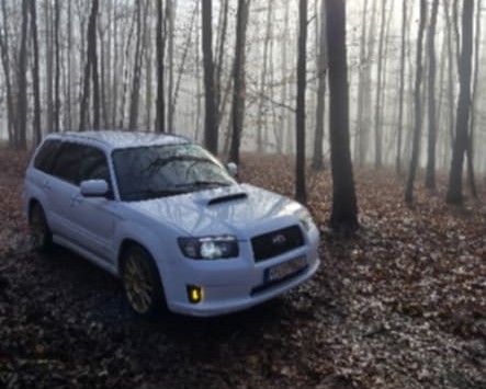 Front quarter view of the white Forester with the amber fog light kit